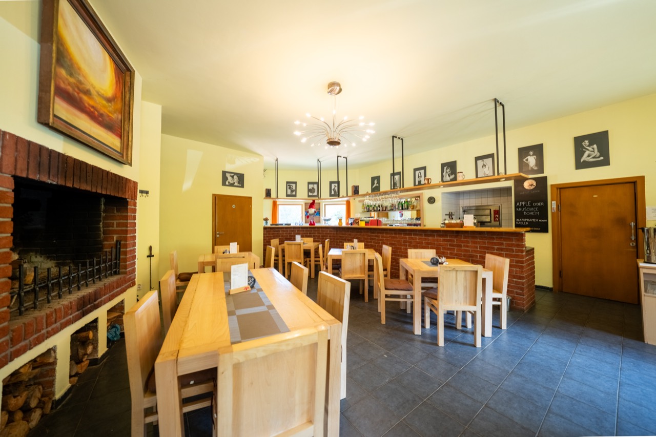 Restaurace penzionu Valevil: cihlový bar, krb a dřevěné stoly